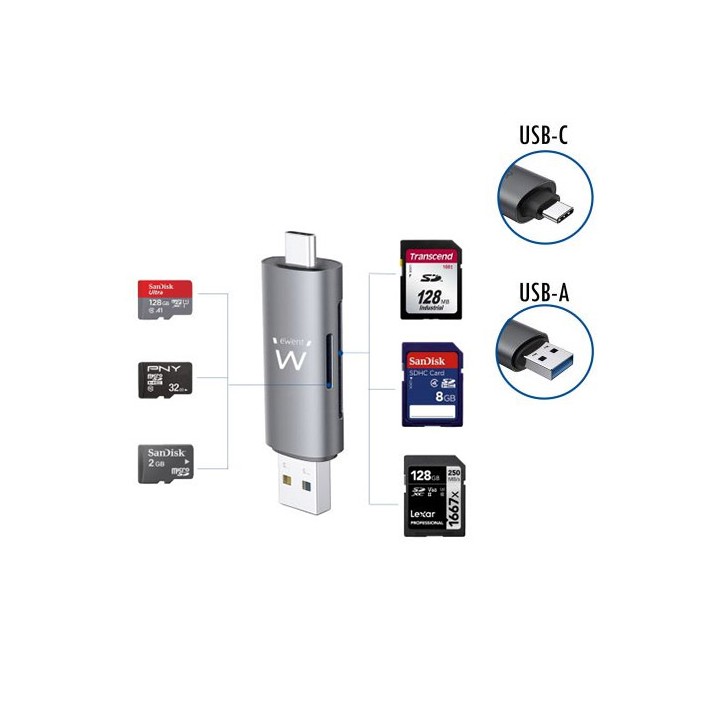Lettore di schede USB 3.2 Gen1 (USB 3.0) compatto con connettore USB C e USB A