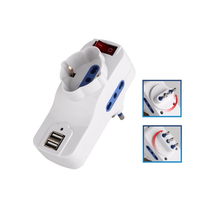 Adattatore rotante 3 prese con spina italiana 16A e 2 Usb Carica
