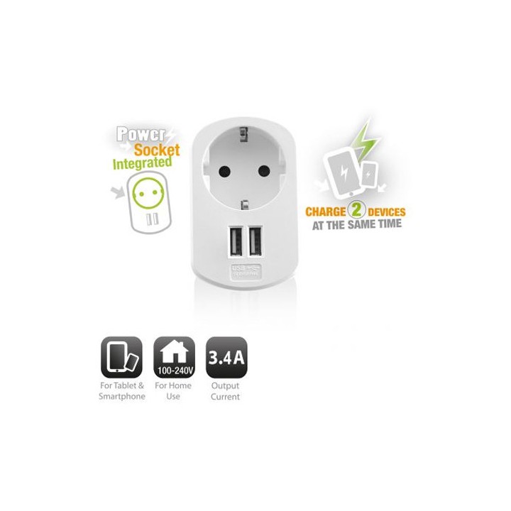 Alimentatore USB 3.4A due porte con presa passante