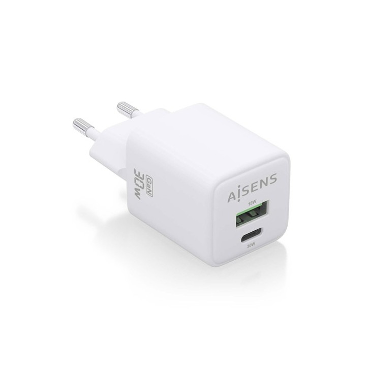 Caricabatterie 30W Gan , 1xUSB-C PD3.0 QC4.0, 1xUSB-A QC3.0, Bianco