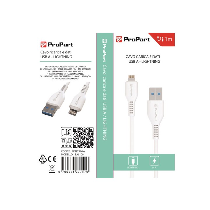 Cavo Lightning Apple 5V 2.4A 1mt - Carica e dati Bianco